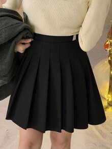 DAZY 女士黑色A字褶裥中长裙，学院风，夏季服装 - 黑色 - 查看 4