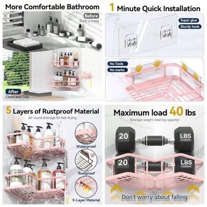 Corner Shower Organizer, 3 Pack Rust Proof Stainless Steel Adhesive Shower Shelves With Soap Holder, Punch - Free Shower Storage Rack For