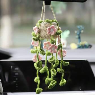 Lindo accesorio de ganchillo para planta para espejo retrovisor de coche, decoración de habitación, estilo bohemio hecho a mano, accesorio colgante para espejo de coche para mujeres y niñas, decoración estética interior de coche verde, adorno colgante para camión para hombres