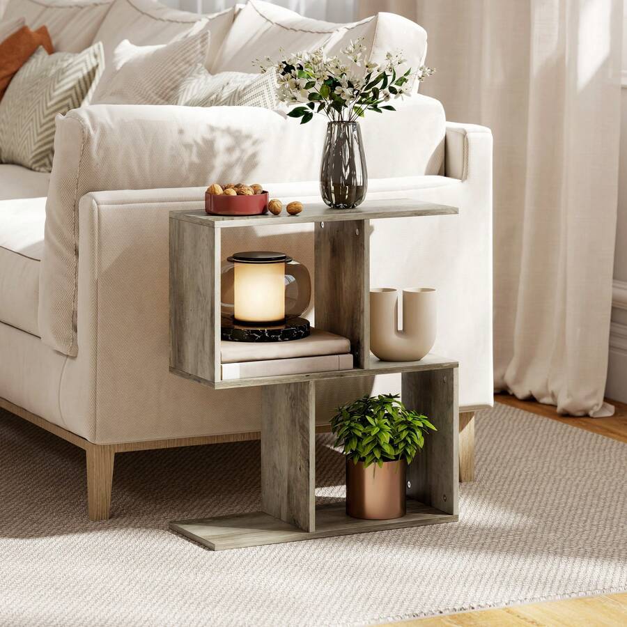 HOMCOM S-Shaped Side Table, 3-Tier Narrow End Table With Storage Shelves, Modern Nightstand For Living Room, Bedroom, 50W X 19.5D X 58H Cm - 灰色 - 查看 1
