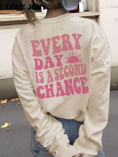 LOVE JOYY 2025 Nouveau sweat-shirt décontracté à col rond à manches longues avec imprimé slogan pour femmes, automne et hiver