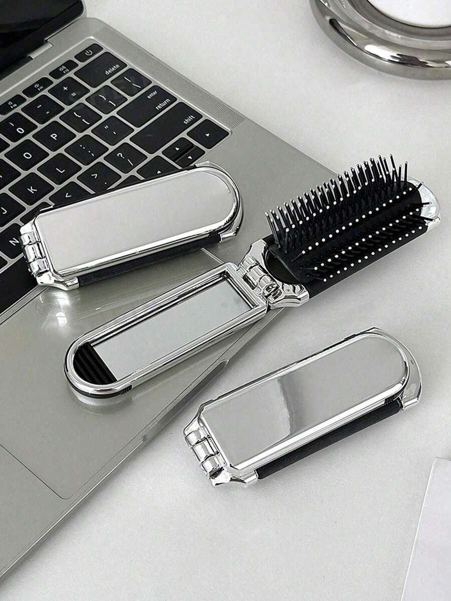 1 chiếc lược mini gấp gọn dễ thương, di động tiện lợi cho nữ, kèm gương nhỏ và đệm mềm - Bạc - Xem 1