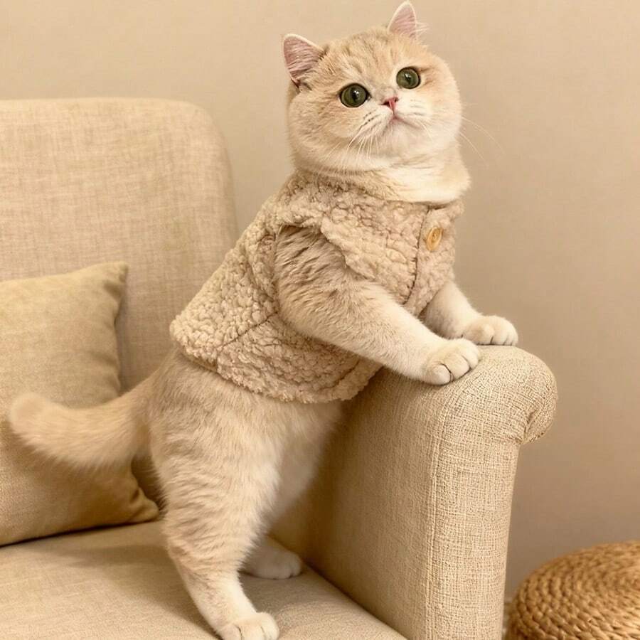 Autumn/Winter Lamb Wool Vest, Warm Clothing For Sphynx & Devon Rex Cats, Cute Winter Outfit For Small/Medium Pets, Fashionable Cold-Proof Vest - Apricot - View 1