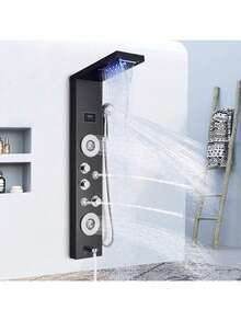 Sistema de ducha LED Panel de ducha de lluvia negra Sistema de torre Sistema de cabezal de ducha de cascada montado en la pared 5 funciones Columna de ducha de masaje con ducha de mano - Negro - Ver 12