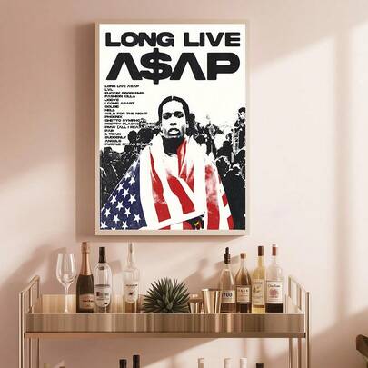 1pc A$AP Rocky Wall Art Picture Modern Hip Hop Street Prints Canvas Paintings American Flag & "Long Live A$AP" Posters Cool Rapper Decor For Bedroom, Dorm, Studio Home Decoration Music Fan Gift Unframed Or Framed