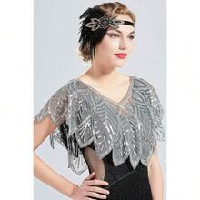 Shawl Wraps Sequin Beaded Evening Cape Bridal Shawl - Gray Silver - View 3