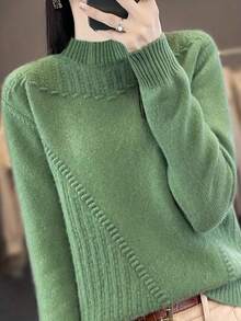 Plus Size Solid Color Stand Collar Long Sleeve Casual Pullover Sweater - Green - View 3