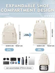 17.7*13.4*7.5英寸大容量书包，多口袋设计，适合高中生和大学生；可装14-15.6英寸笔记本电脑，男女通用；带鞋仓；配有可调节肩带，符合航空登机标准；旅行必备背包，适合户外工作、通勤、上学等场合；34*19*45