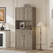 TEQIN 70" Tall Storage Cabinet, Kitchen Pantry Cabinet With Doors, Fluted Kitchen Hutch Cupboard With Microwave Shelf & Drawer, Freestanding Cupboard For Dining Room, Living Room, Grey - Grey - View 2