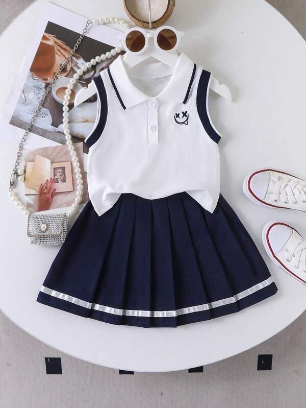 Cartoon Print Polo Vest And Pleated Skirt Casual Outfit For Young Girls