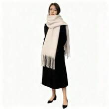 1pc Solid Color Scarf, Winter Warm Neck, Thickened Wool Knitted Thick Fringed Shawl, Can Be Worn For Dress - Burgundy - View 3