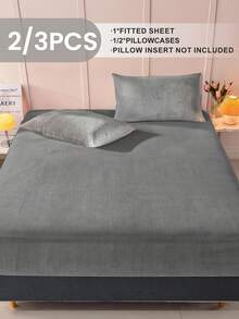 2/3pcs Solid Color Velvet Bedsheet Set, Includes Pillowcase(S), Soft & Breathable, Skin-Friendly, Anti-Pilling, Cute Home Textile, Fits Twin, Full, Queen, King Size Beds, Suitable For All Seasons - Dark Grey - View 2