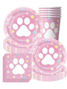 10pcs Yellow Dog Paw Small Flower Cute Theme Party Supplies, Paper Plates, Paper Cups, Tissue Cloths, Tablecloths, Banners, Birthday Party Supplies, Camping And Travel Essential Supplies - Multicolor - View 1