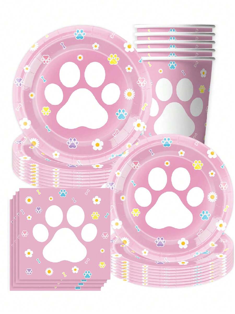 10pcs Yellow Dog Paw Small Flower Cute Theme Party Supplies, Paper Plates, Paper Cups, Tissue Cloths, Tablecloths, Banners, Birthday Party Supplies, Camping And Travel Essential Supplies - Multicolor - View 1