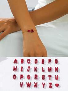 简约时尚喷绘红色爱心及26个英文字母吊坠手链，女士珠宝礼物，日常佩戴 - 紅色 - 查看 1