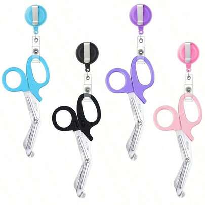 Швейні ножиці з нержавіючої сталі 1/2/3/4 шт. з висувною котушкою для значків - компактний кишеньковий дизайн, доступні кольори: синій, чорний, фіолетовий, рожевий, підходить для шиття та загального використання, портативний швейний інструмент, модний аксесуар, міцний дизайн інструменту