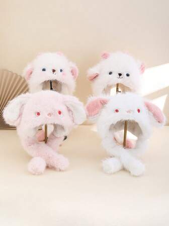 1pc Women's Fluffy Lamb Shaped Warm Ear Protection Cute Cartoon Ear Moving Beanie, Fun Hat For Couple, Suitable For Outing, Dating, Commuting, Party