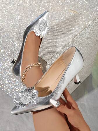 Silver Floral Pointed Toe Kitten Heel Elegant Women Shoes