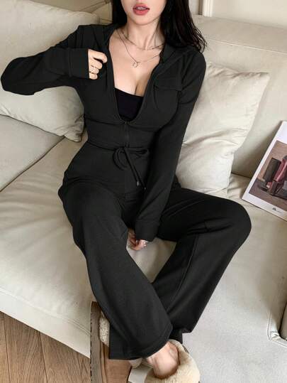 abyoxi Women's Black Casual Hooded, Zip-Up, Pocket Detailed, Waist Cinched, Long Sleeve Top And High Waisted Drawstring Wide Leg Flared Pants 2 Piece Set Fall Winter Fashion Sports Streetwear Outfits