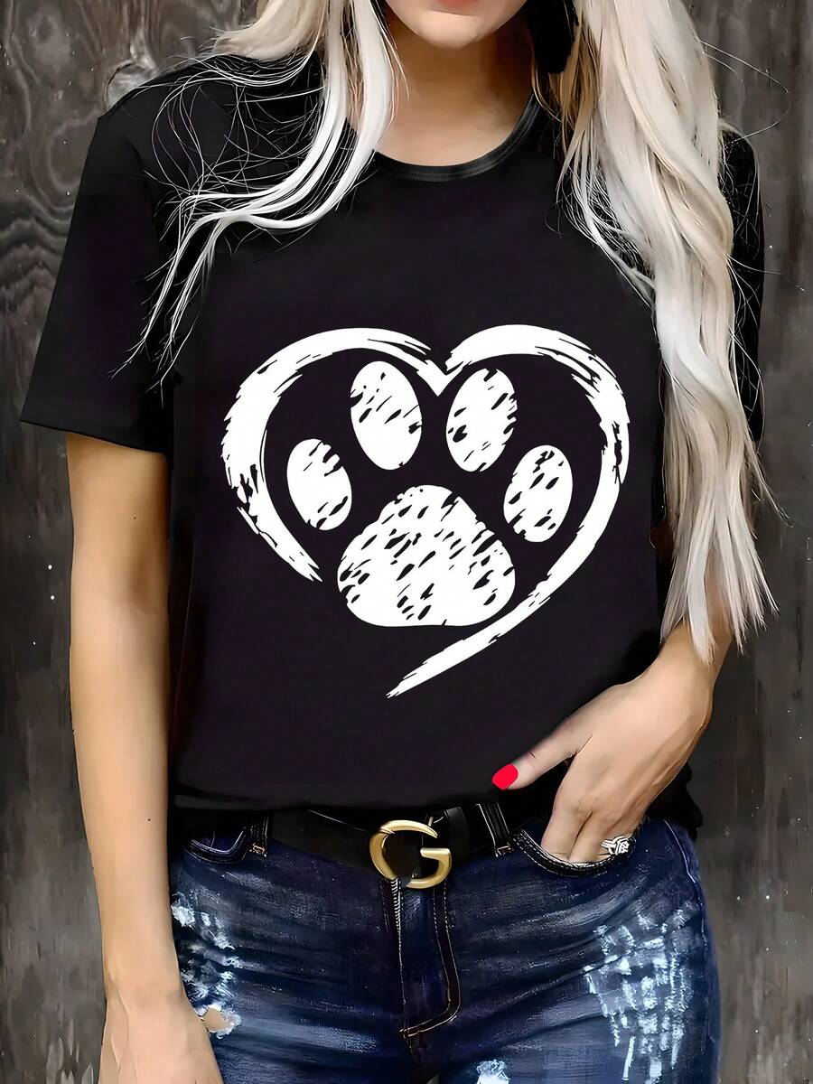 Plus Size, Plus Size Women's Heart & Paw Print Tee - Casual Black Crew Neck Short Sleeve Top| Soft Blend| Machine Washable| Ideal For Spring/Summer, Relaxed Fit, Summer Outfit, Design, Breathable Fabric, Durable Construction, Printed Shirt, Fashion Enthusiasts, Summer Wardrobe - 黑色 - 查看 1