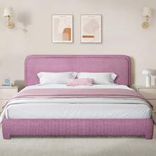Twin/ Full/ Queen/ King Size Bed Frame, Boucle Upholstered Platform Bed With Headboard, Modern Style, Soft Rounded Corners, No Box Spring Required, Easy Assembly, Twin/ Full/ Queen/ King/ California King, Beige/ Grey/ Pink/ White/ Light Grey/ Black/ Green - 玫紅色 - 查看 12