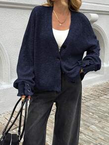 Áo khoác cardigan nữ Just Masa mùa xuân giản dị, thanh lịch, cổ chữ V, tay dài, màu trơn, kiểu dáng tối giản, co giãn, dáng rộng, thích hợp cho đi làm, du lịch, nghỉ mát, hẹn hò và mặc hàng ngày. - Màu xanh hải quân - Xem 10