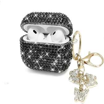 1pc Shiny Rhinestone Black Earphone Case With Butterfly Keychain Bluetooth Earbuds Case Protector Compatible With Apple 1st/2nd/3rd/Pro/Pro 2nd Generation, Creative Design For New 4th Generation