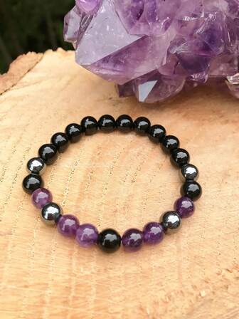 Black Agate, Hematite And Amethyst Beaded Bracelet - Spiritual Protection Bracelet, Meditation & Healing Jewelry, Gift For Women
