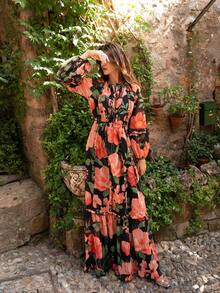 Faeriesty 优雅浪漫的印花雪纺飘逸长裙，饰以醒目的花卉图案和绿叶点缀，层叠荷叶边下摆 | 适合女士花园婚礼和海边夏日夜晚，度假必备黑色春季派对 - 黑色 - 查看 4