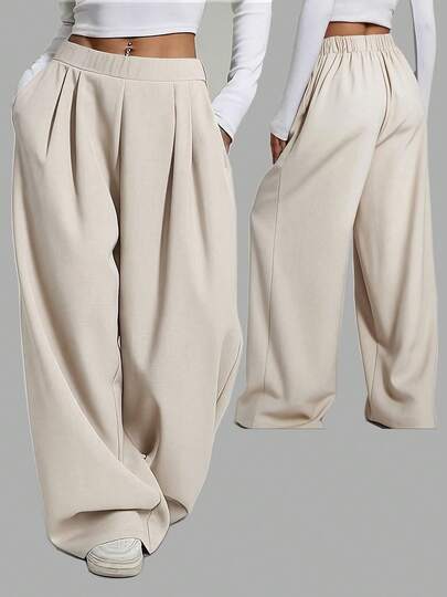 Stylish Plus Size Woven Fabric Wide Leg Pants Long With Pockets Non-Stretch For Everyday Wear