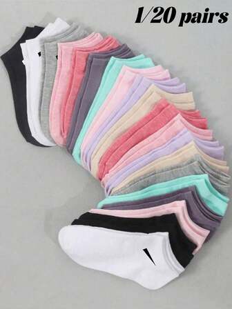 1/20 pares de calcetines de tobillo de mujer con patrón geométrico de color caramelo sólido - Minimalista dulce, cómodo y casual - Adecuado para uso diario, deportes, estilo universitario