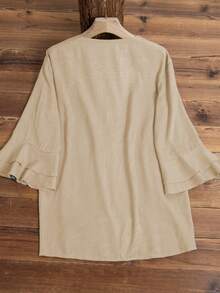 Women's Casual Spring/Summer Shirt With Dual-Layer Ruffle Trim, Button Pockets, Retro Style, Breathable Comfort, High-Quality Ruffle Design, Loose Fit Versatile Solid Color Ruffle Decor, Unique Design, Dignified And Elegant Blouse - Apricot - View 7