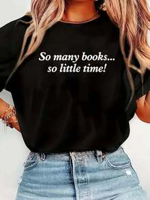 100% Cotton So Many Books Little Time Shirt Loves To Read Books Bookworm T-Shirt Graphic T-Shirts For Women, Casual Printed Short-Sleeved Women's Tops - 黑色 - 查看 5