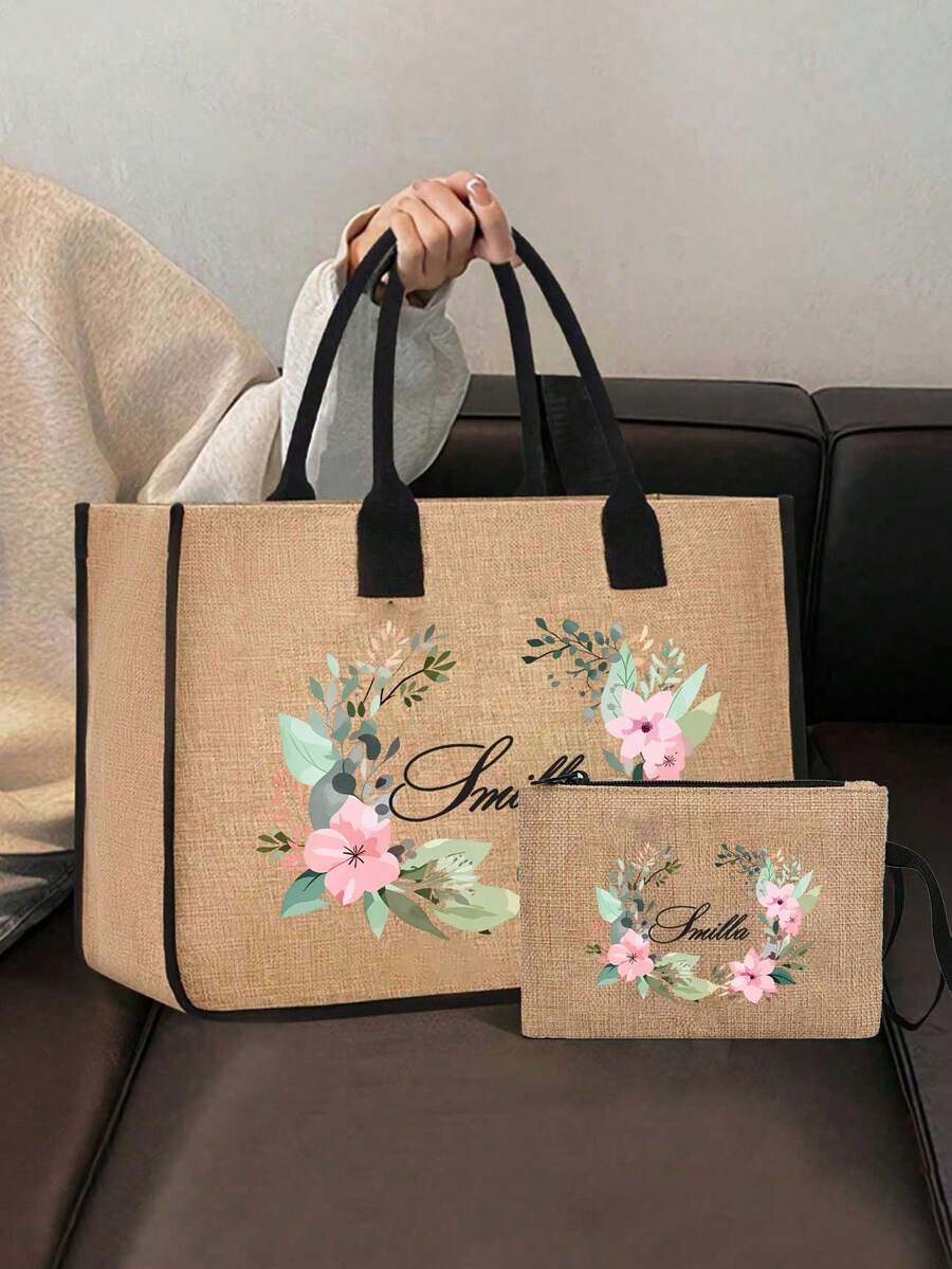 个性化花环字母印花手提包和化妆包套装，大容量托特包可手提或肩背，多功能女士托特包，男女通用成人涤纶迷你化妆包 - 彩色 - 查看 1