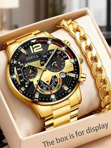 4-Piece Set: Fashionable Business Casual Men's Watch With Large Dial, Stainless Steel Band, Quartz Movement, Paired With Personalized Chain Bracelet, Cross Pendant Necklace, And Ring Jewelry Set, Suitable For Men's Gifts, Holidays, Business, Parties, And Daily Wear - Gold - View 5