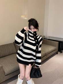 Slouchy Off Shoulder Striped Turtleneck Knit Sweater, Autumn/Winter - Black and White - View 2
