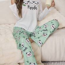 两件套可爱卡通印花长袖睡衣套装，女士休闲家居服 - 白色 - 查看 8