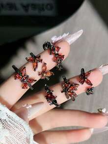 1pc Unisex Fashion Punk Goth Dark Butterfly Pomegranate Red Crystal Open Ring, Unisex Men Women Finger Ring, Suitable For Daily Decoration Wear