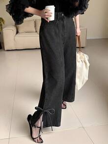 DAZY Women's Fashionable Casual Bowknot Tie Loose Fit Denim Jeans Bow Jeans Tie Jeans Black Jeans Split Hem Jeans Wide Leg Jeans - Black - View 1
