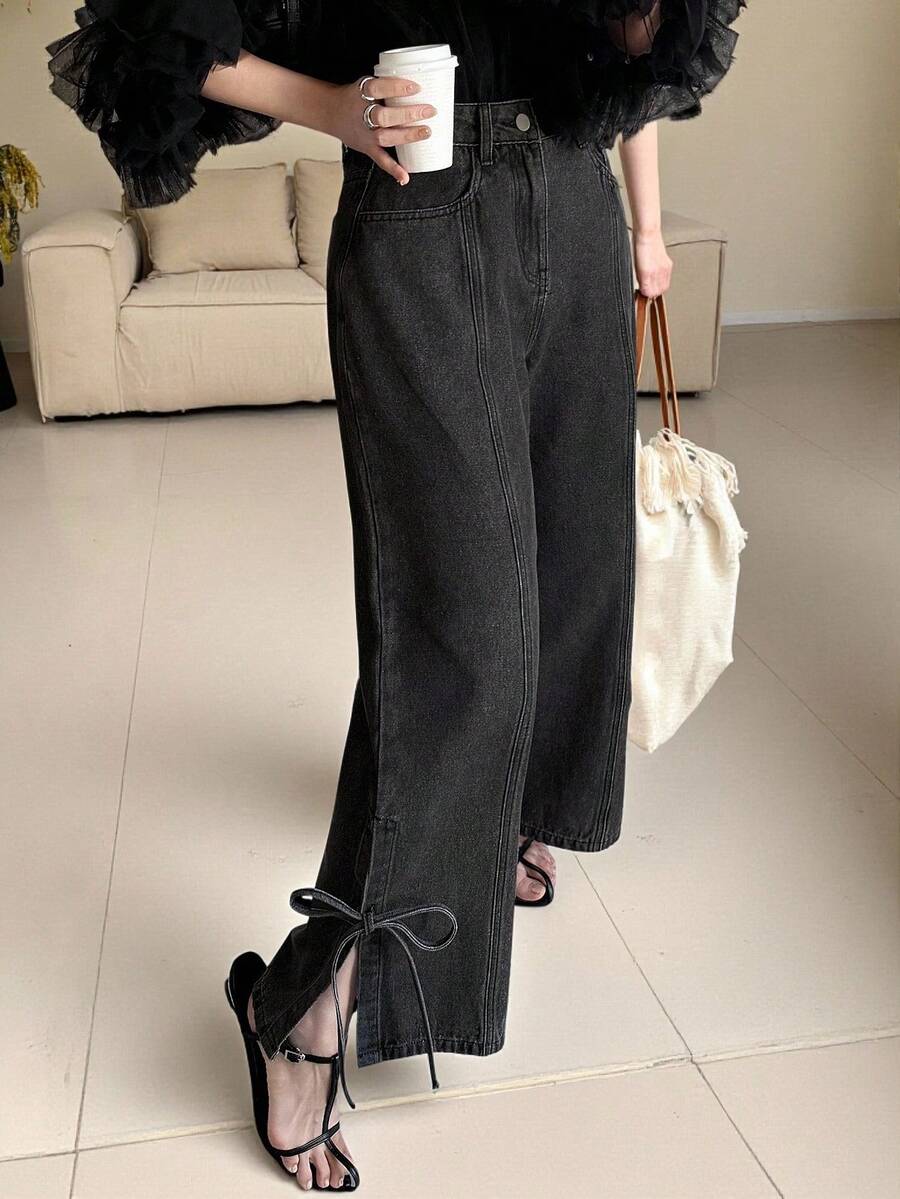 DAZY Women's Fashionable Casual Bowknot Tie Loose Fit Denim Jeans Bow Jeans Tie Jeans Black Jeans Split Hem Jeans Wide Leg Jeans - Black - View 1