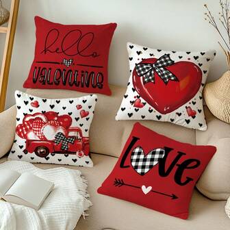 MEMNUN 4 件装情人节红黑爱心背景、红色卡车、蝴蝶结、爱心文字印花抱枕套（不含枕芯），桃绒面料单面印花，17.7*17.7 英寸（45*45 厘米），装饰枕套，卧室靠垫套，礼品