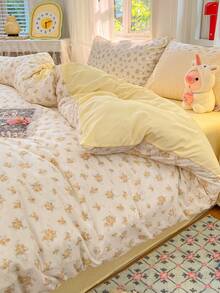 4pcs Reversible Bedding Set, Soft & Comfortable Bedroom Linens, Cute Floral Plaid Pattern, Breathable & Soft All Season Bed Set Including 1 Duvet Cover, 1 Flat Sheet, 2 Pillow Shams, No Filling, Suitable For Bedroom, Dorm, Home Use, Multiple Sizes Available - 黃色 - 查看 6