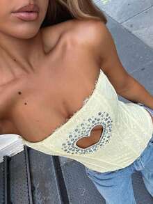 Women's Lace Up Rhinestones Corset Tops Heart Cutout Floral Embroidery Strapless Boned Bandeau Bustier Top - 杏色 - 查看 5