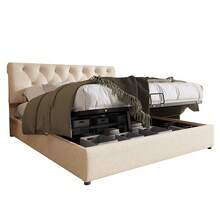 (=767778AAN) Hydraulically Adjustable Upholstered Bed 140x200cm, Adjustable Headboard, Double Bed With Metal Slatted Base, Modern Bed Frame With Storage Space, Natural, Mattress Not Included - Beige + Linen - View 10