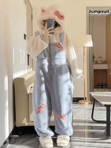 女士舒适保暖长袖连帽睡袍连体衣 - 柔和灰色和粉色蝴蝶结装饰，温暖秋冬睡衣，带口袋，可爱睡衣，舒适家居服，俏皮设计，柔软质地 - 彩色 - 查看 6