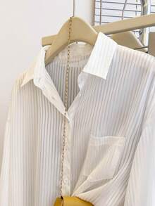 Women's Textured Sheer Striped Long Sleeve Casual Business Blouse, Autumn/Winter - White - View 9