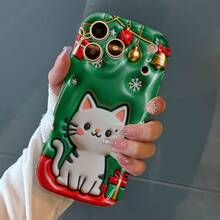 Una caja súper resistente al desgaste con un lindo gato blanco rodeado de decoraciones navideñas con un fondo verde, TPU y vidrio templado, compatible con los modelos de  17, 16, 15, 14, 13, 12, 11 y más. - Mezcla de color 1 - Ver 3