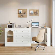 LITTLE TREE L Shaped Desk With 3 Drawers, Reversible Corner Desk With Cabinet, 360° Rotatable Study Table With Adjustable Shelves For Home Office - trắng - Xem 3