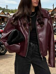 Women's Retro Motorcycle Jacket - Coat With Collar & Classic Black/White/Grey/Brown Tones - All-Season Casual Outerwear (Machine Washable) For Motorcycle Riding & Casual Attire - Non-Stretch Jacket Women's Retro Motorcycle Jacket - Collared Classic Tones (Black/White/Grey/Brown) All-Season Casual Outerwear, Machine Washable For Riding & Daily Attire, Non-Stretch Loose Fit Oversized Faux Leather Biker Jacket For Women - Retro Lapel Zip-Up, Drop Shoulder & Cropped Length, Black/Chocolate/Burgundy, Edgy Casual Style Vintage-Inspired Women's Faux Leather Jacket - Oversized Silhouette, Zipper Front & Classic Collar, Perfect For Edgy Street & Daily Sports Outfits (Multiple Colors) Women's Oversized Faux Leather Bomber Jacket - Classic Collar, Zip Closure, Loose Fit, Elevate Casual Looks With This Must-Have Outerwear (Black/Chocolate/Wine Red) Loose & Casual Thickened Women's Jacket - Multi-Color Zipper, Daily Sports & Biker Style, Ideal For Winter/Hunting, Versatile Chaquetas Para Mujer - 酒紅色 - 查看 2