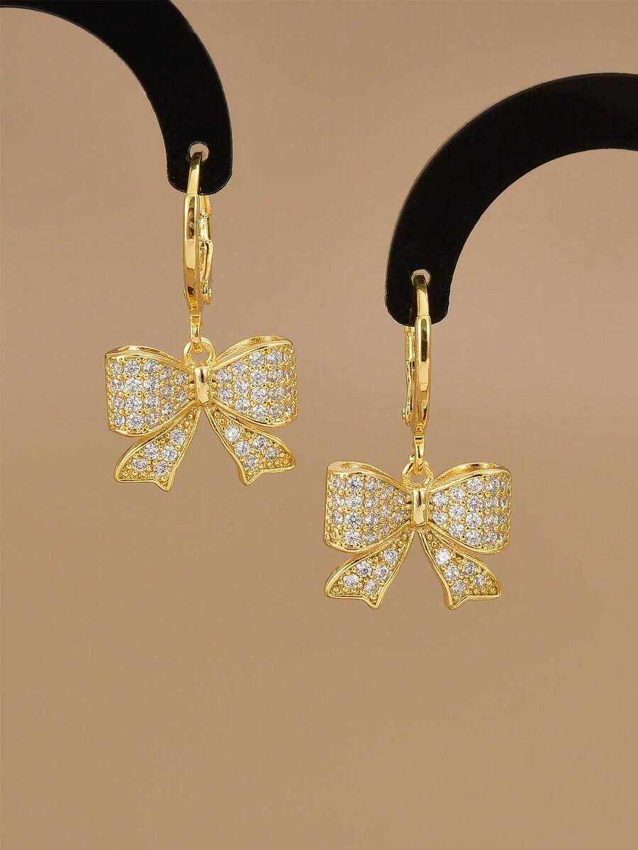 1 Pair Fashionable Full Rhinestone Cute Bow Stainless Steel Earrings For Women, Gold Earrings, Gift For Her, Stainless Steel Jewelry, Women's Accessories, Summer, Vacation, Party - Yellow Gold - View 1